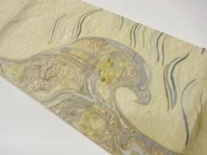 すくい織紙布よろけ横段に抽象草花模様織出しリバーシブル夏用袋帯